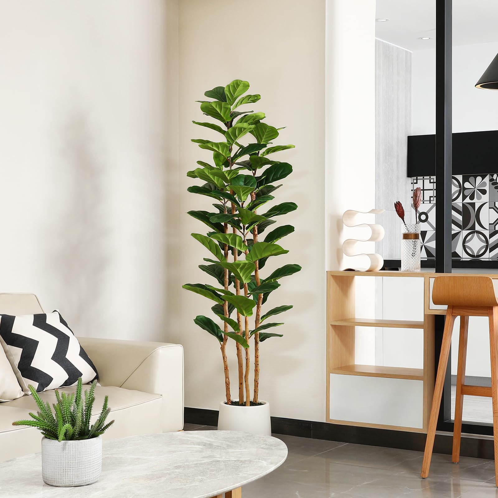 Fiddle Leaf Fig - Künstlicher Fiddle-Leaf-Fig-Baum mit weißem Topf, 1,5m/1,8m/2,1m